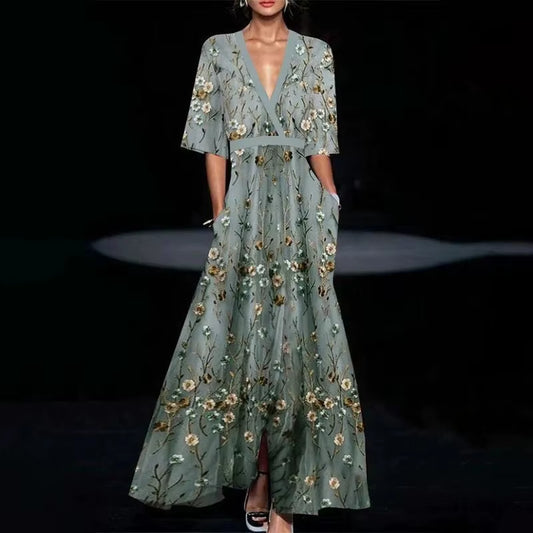 Vibe Curve: Deep V-Neck Belted Print Dress